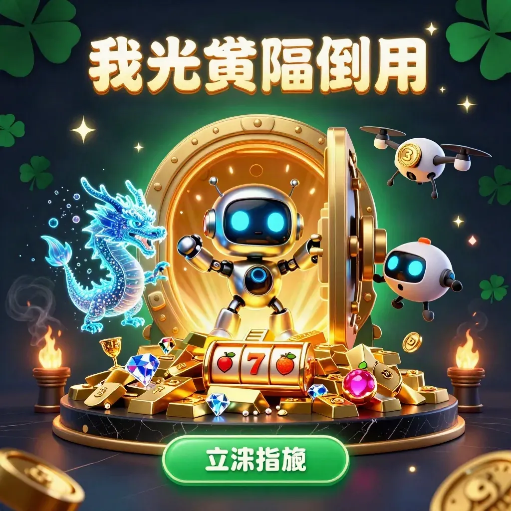 Cyberpunk robot, hologram dragon, and coin drone burst from a golden vault in emerald casino light