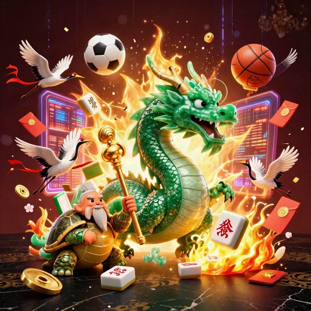 Jade dragon and turtle sage amid flying balls, coins, lanterns, and golden fire on a dark luxe arena.