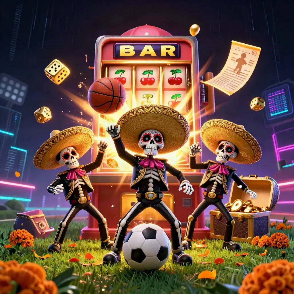 Skeleton mariachi trio amid jackpot slots, gold, and sports balls in a neon casino blast.