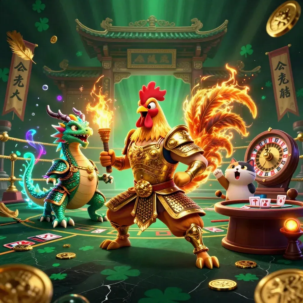 Rooster warrior, spark-breathing dragon hatchling, and fortune-cat in a luxe jackpot arena.