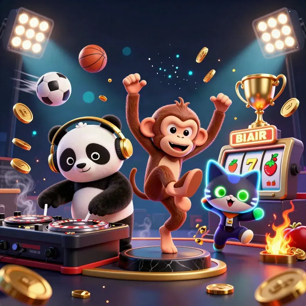DJ panda, breakdancing monkey, and rave kitten amid casino chaos and jackpot effects.