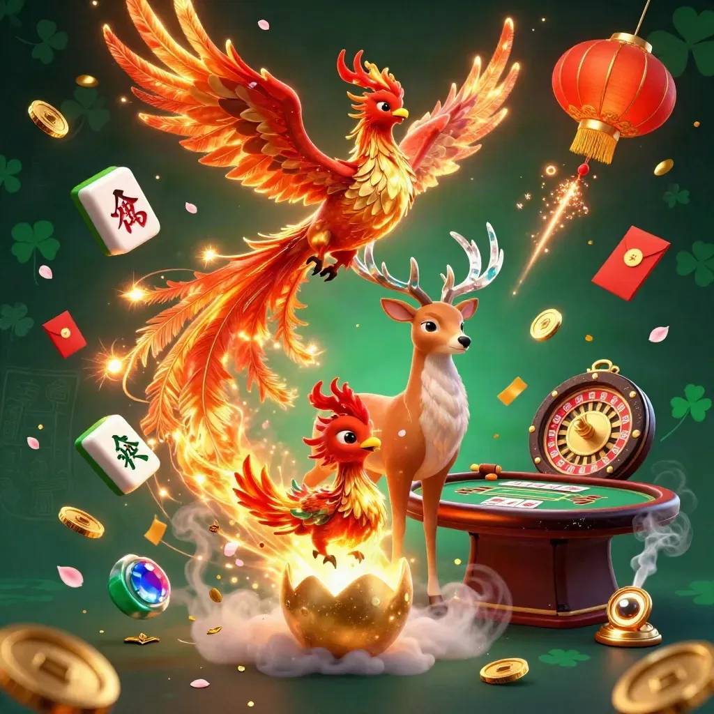 Phoenix, baby phoenix, and crystal-antler stag amid casino treasures and glowing runes.