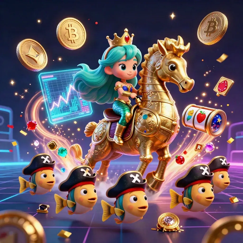 Mermaid princess on armored seahorse amid treasure, coins, fish pirates, and casino effects.