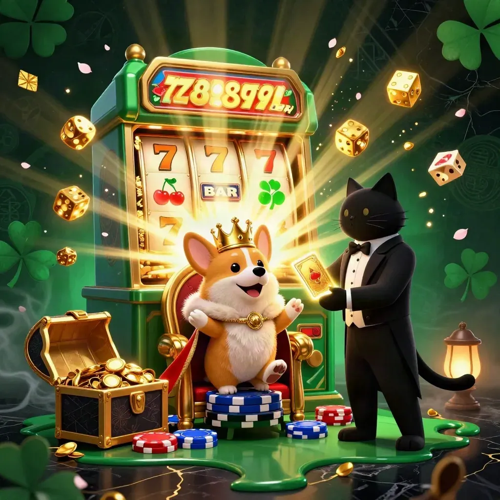 Royal corgi and cat butler amid exploding jackpots, gold coins, and cherry petals.