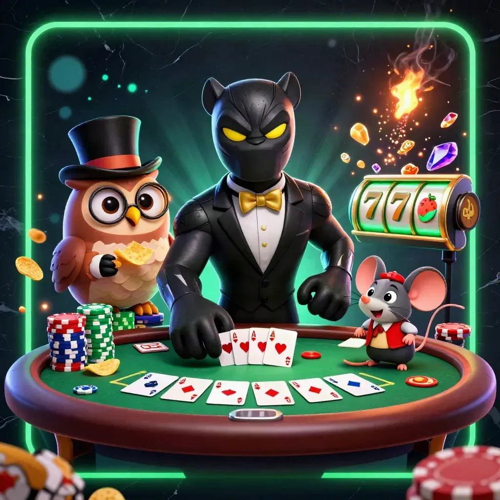 Panther, owl, and mouse deal cards amid chips, aces, reels, and glowing casino treasure.