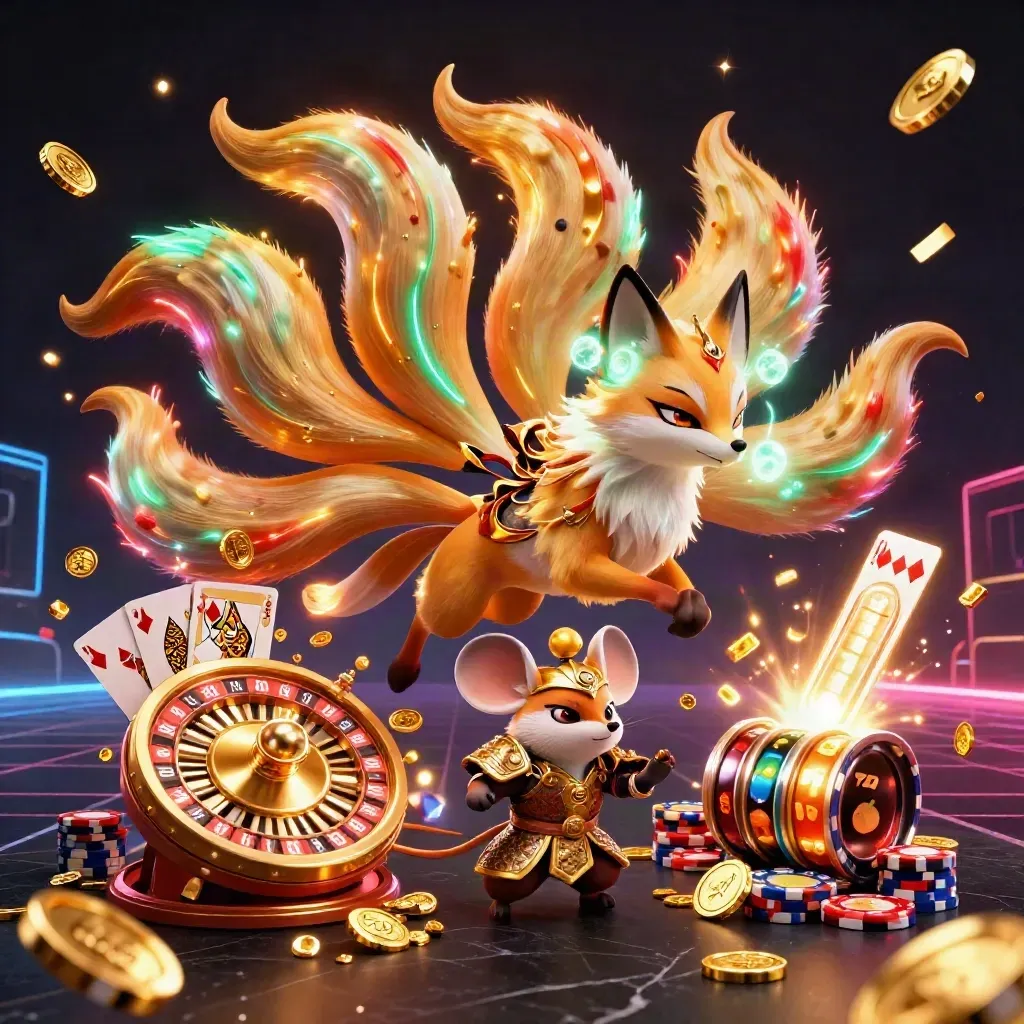 Nine-tailed fox spirit and armored mouse amid jackpot coins, gems, roulette and glowing casino effects.