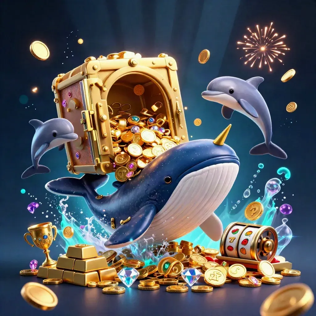 Whale, narwhal, and dolphins burst from a gold vault amid coins, gems, and fireworks.