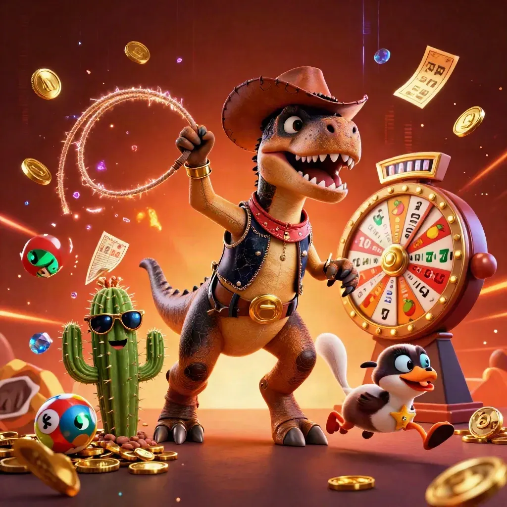 Cowboy T-Rex, cactus sidekick, and roadrunner burst amid jackpot loot and neon energy.