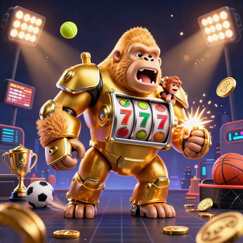 Golden slot-machine gorilla mech with tiny monkey pilot, coins, sports balls, trophy, and fireworks.