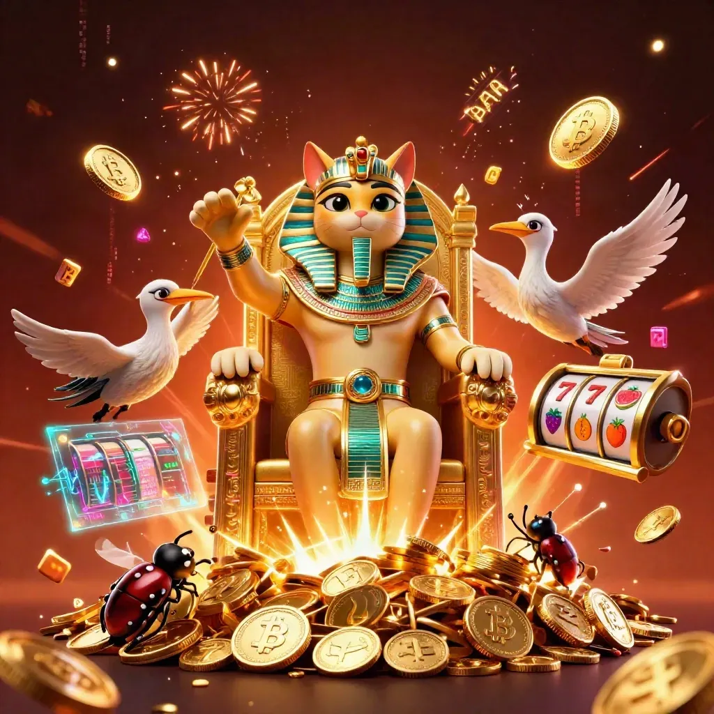 Pharaoh cat, ibis scribe, and gem-wing scarabs amid coins, fireworks, and casino loot