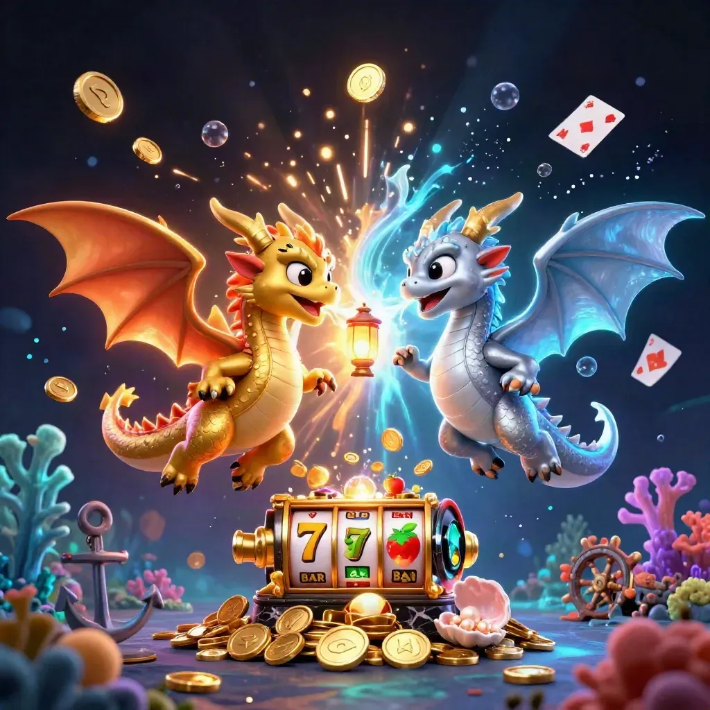 Twin gold and silver dragons spiral through a vault burst with coins and neon casino magic.