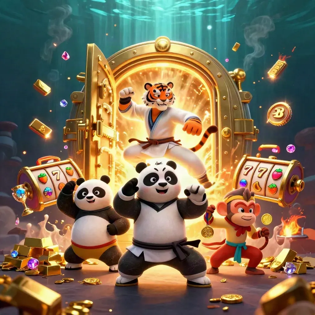 Kung-fu tiger, panda, and monkey amid a glowing treasure vault with casino symbols