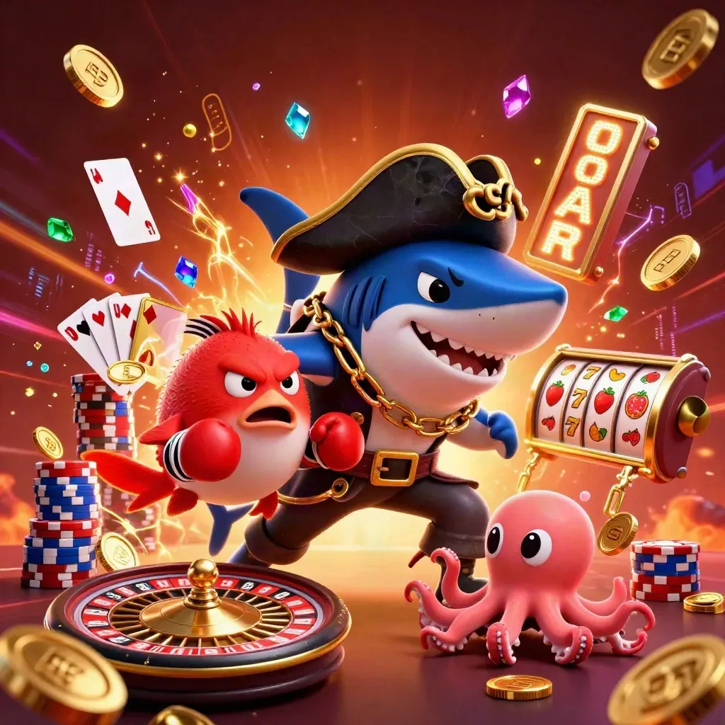 Pirate shark, boxing pufferfish and juggling octopus amid jackpot coins and casino symbols.