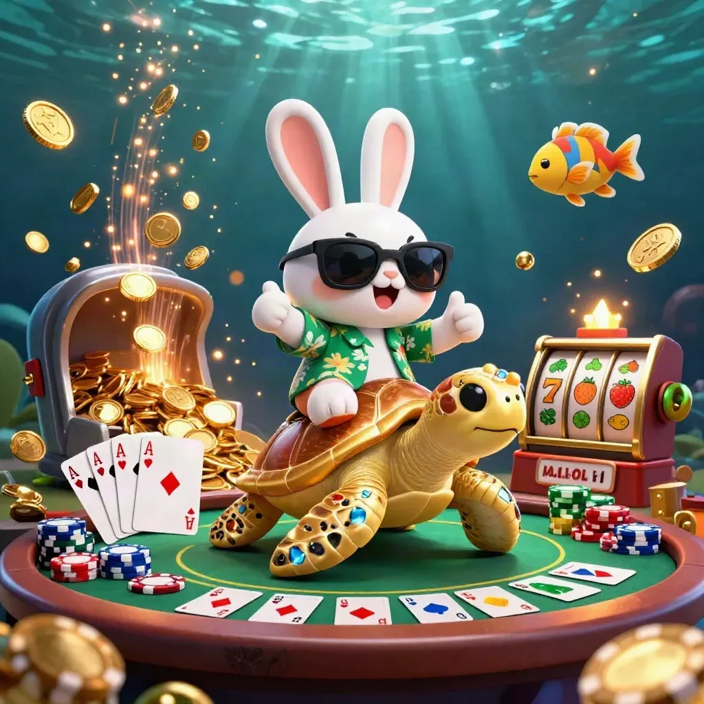 Cartoon rabbit on jeweled turtle amid jackpot coins, chips, reels and underwater fireworks.
