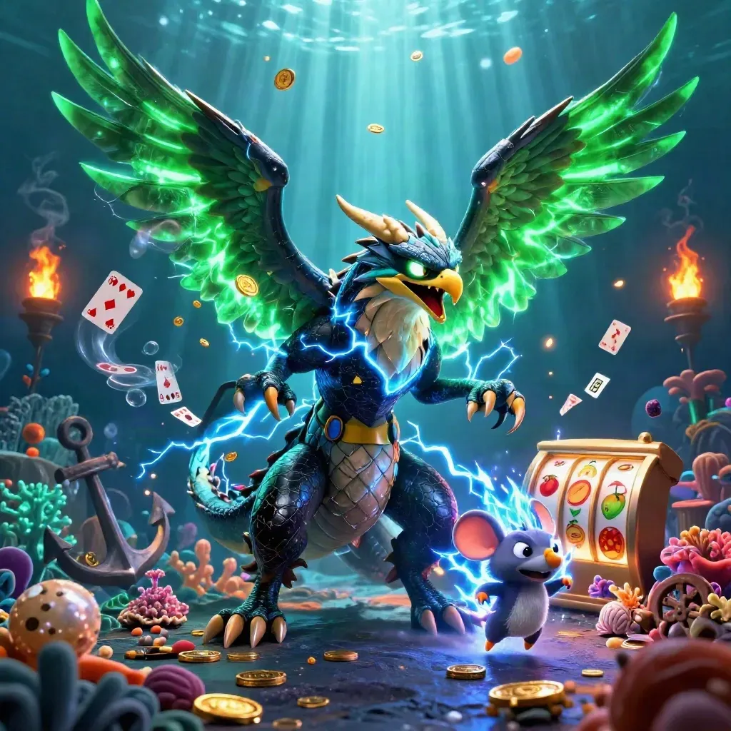 Thunder dragon, wind hawk, and static mouse in a glowing underwater casino treasure scene.