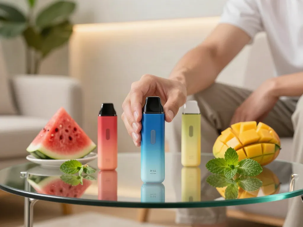 Ryse vape showcased with vibrant fruit flavors in a cozy lounge setting, emphasizing freshness and style.